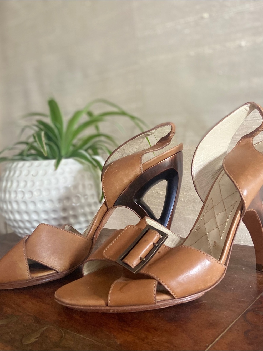 Alberta Fereretti Leather Open-Toe Slingback Heels in Tan